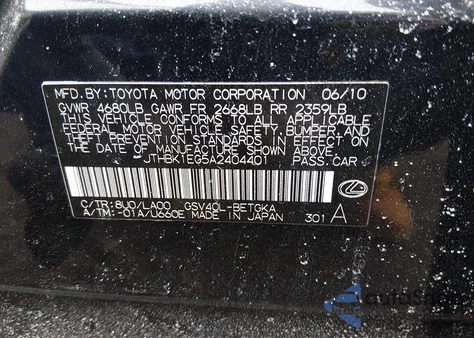 2010 Lexus Es 350 from USA, damaged, VIN JTHBK1EG5A2404401